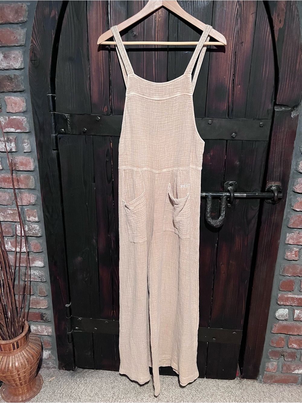 Neutral Beige Wide-Leg Cotton Gauze Jumpsuit